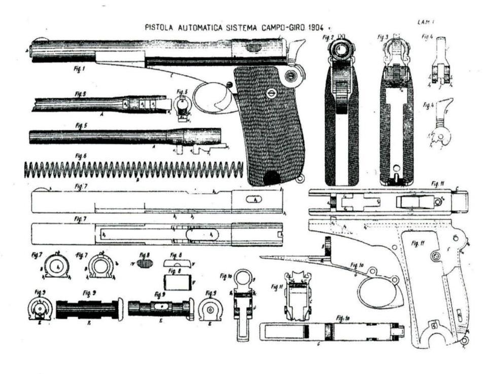 Despiece de la pistola Campo-Giro. (Memorial de Artilleria, 1906). Fuente.
