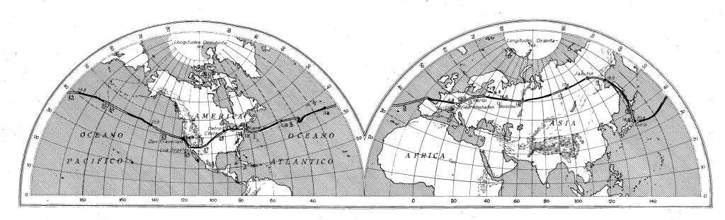 Mapa del itinerario del Graf Zeppelin en su vuelta al mundo, tomado del libro de Jerónimo Megías, 1929.